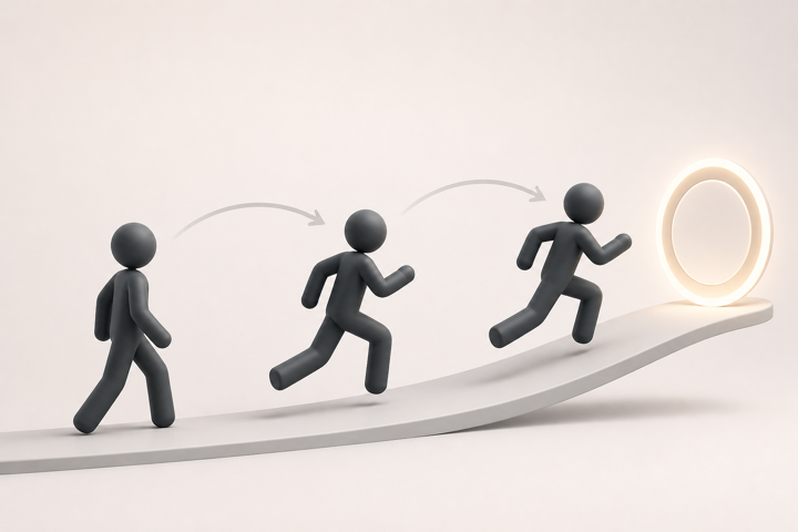 One figure runs toward a goal while two others see the movement and begin to follow