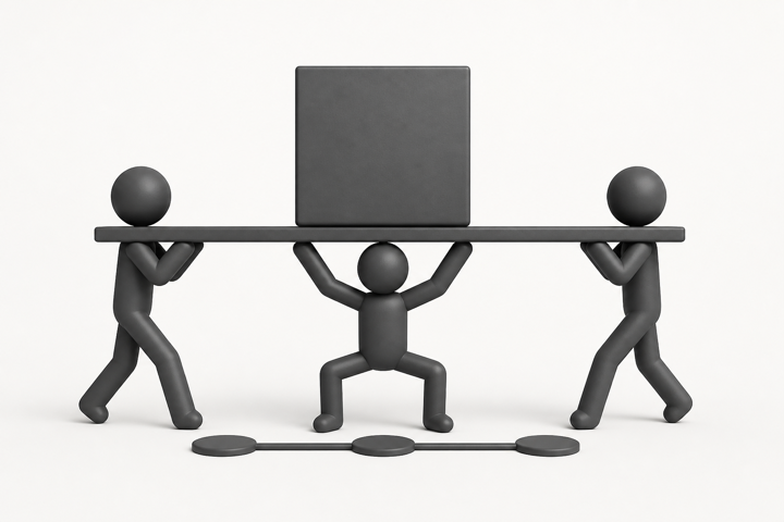 Three figures carry one shared beam while the middle figure supports its heaviest load