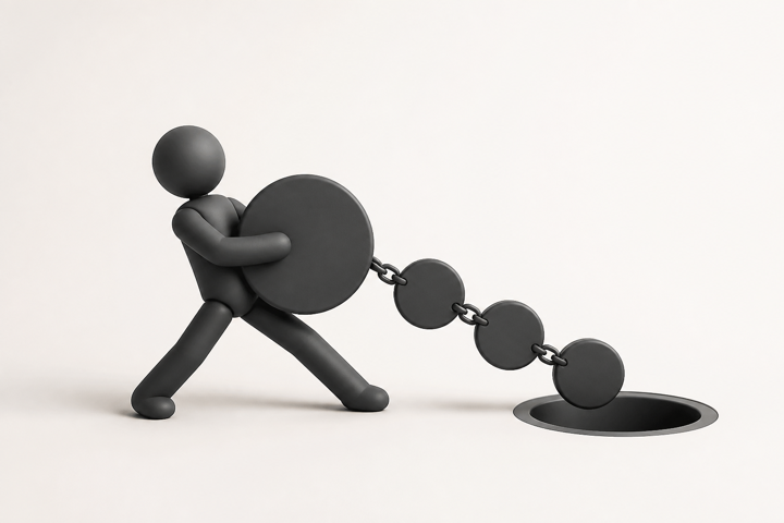 A figure braces itself to stop a valued chain of tokens from being pulled away